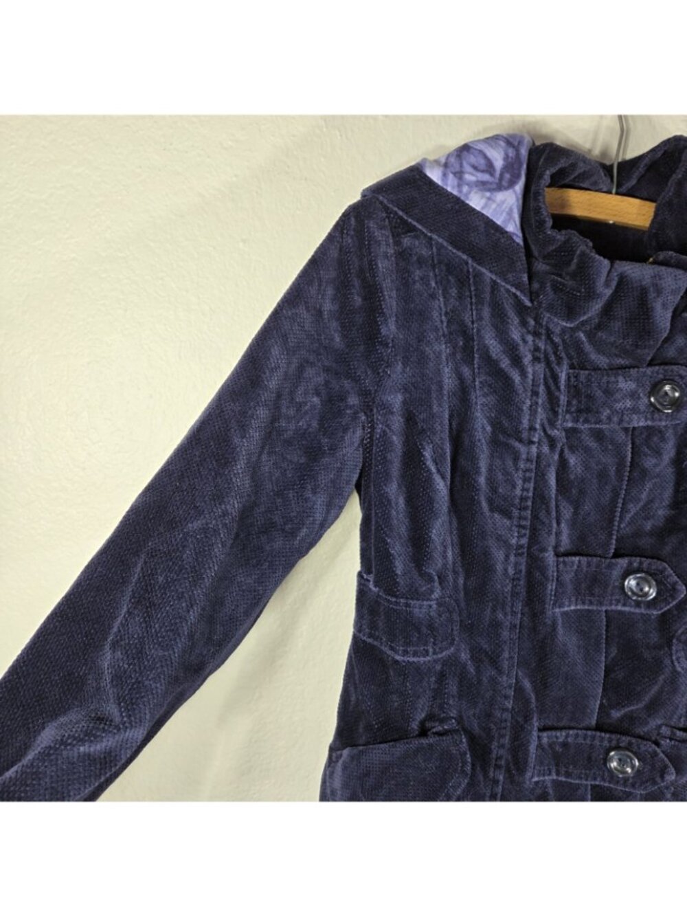 Anthropologie Idra Navy Blue Corduroy Hooded Jacket Size 0 Floral Swirl Lining - Picture 6 of 16